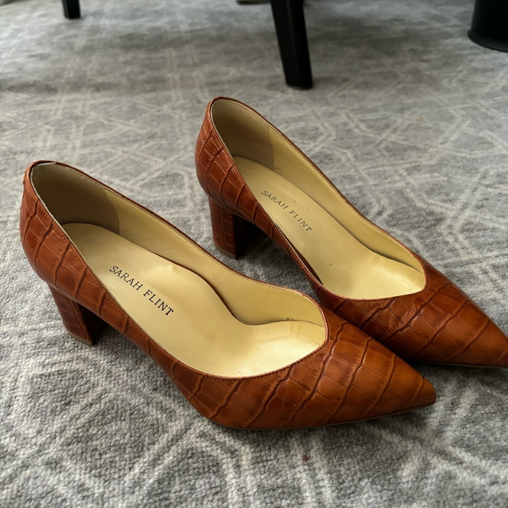 Sarah Flint “perfect Emma” block heels, cognac embossed croc. Size 38